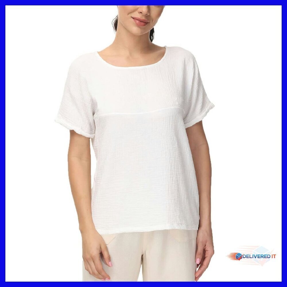 Cotton Linen Patchwork Blouse Box Fit Short Sleeve Casual Top
